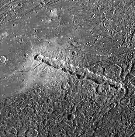 Image of a crater chain on Ganymede, suggesting damage from a comet